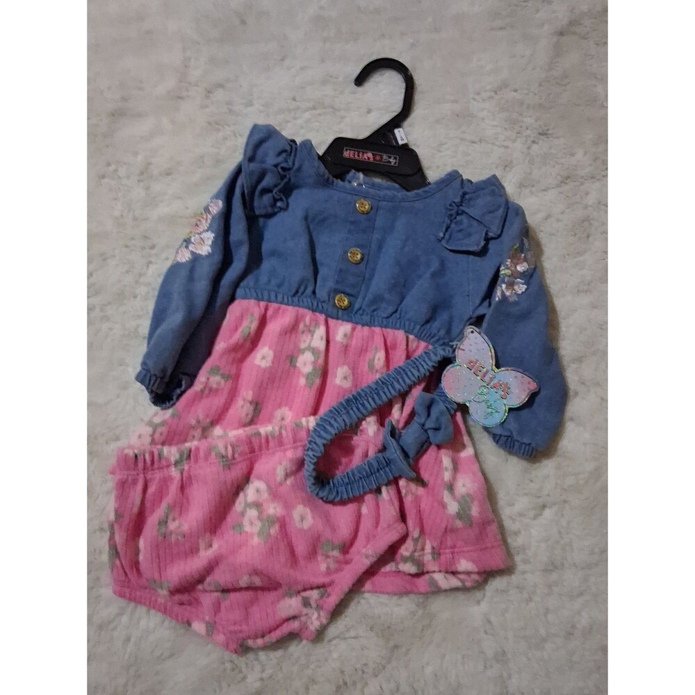 DELIAS Girls Floral Dress and Bloomer Set plus matching bow 3 piece set sz 6/9m